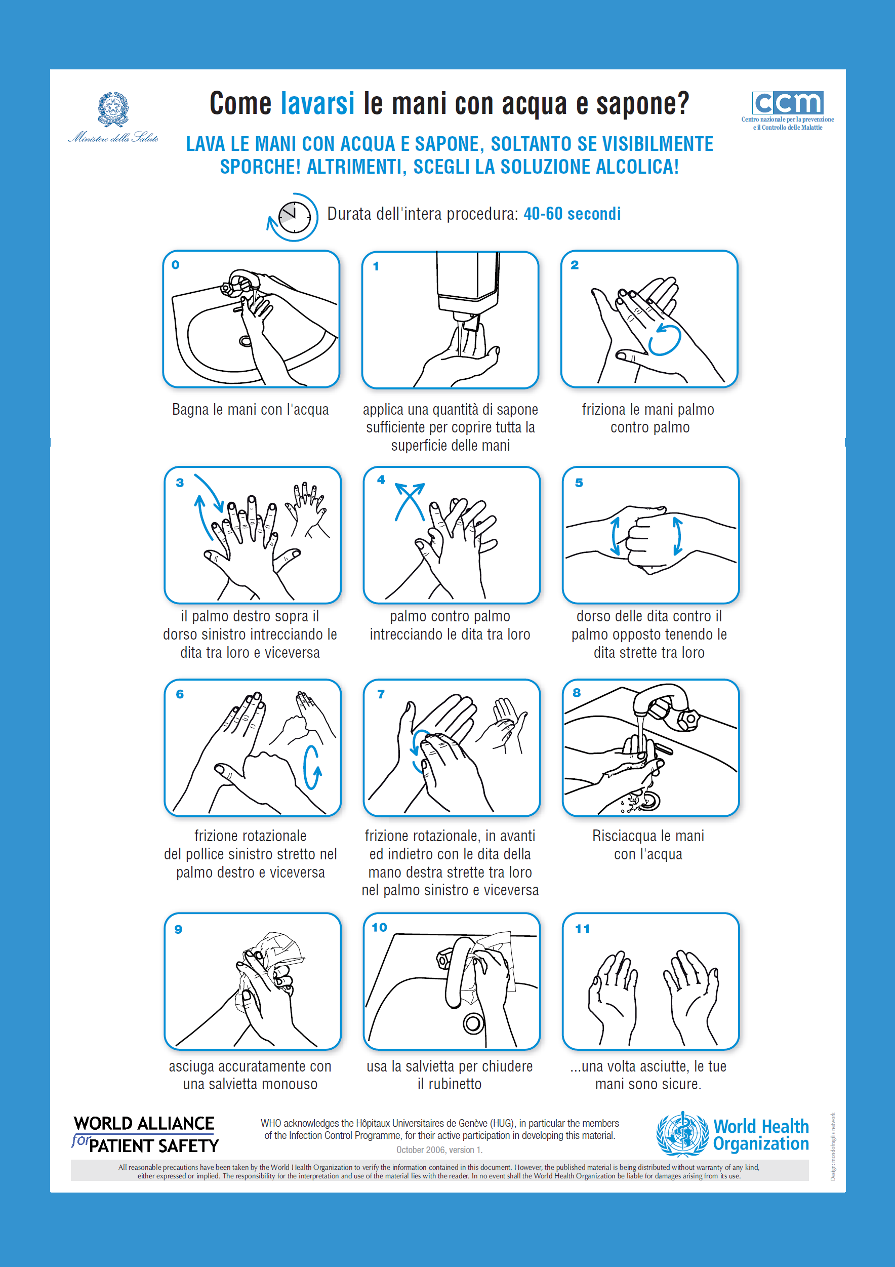Manifesto con le istruzioni illustrate per lavarsi bene le mani